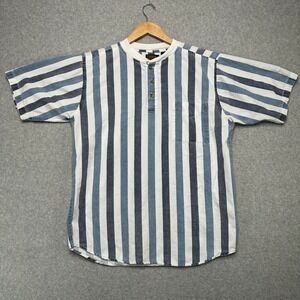 VTG 90s Faded Glory Mens Striped Denim Henley Shirt Short Sleeve Pocket Size M